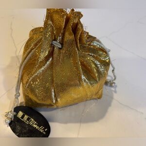 Vintage, New Shimmery Gold Drawstring Pouch evening handbag The Mirelle Company